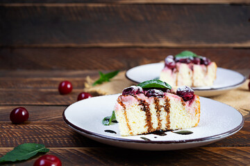 Cottage cheese casserole with cherry and mint. Cheesecake with cherry