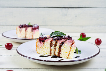 Cottage cheese casserole with cherry and mint. Cheesecake with cherry