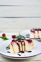 Cottage cheese casserole with cherry and mint. Cheesecake with cherry