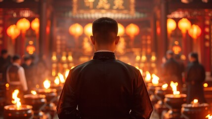 Obraz premium A man stands in a dimly lit temple, surrounded by flickering candles and red lanterns. He is facing away from the camera, lost in prayer or contemplation.