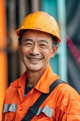 Portrait of a smiling construction worker wearing a yellow hard hat and orange jumpsuit