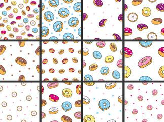 Donuts with glaze. Seamless pattern. Sweet doughnuts. Chocolate confectionery. Hand drawn style. Vector drawing. Collection of design ornaments.