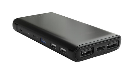 a portable power bank, electronic device, photorealistic, black, isolated on white background, field of dept deep odject, all cover focus text, for spacecopy