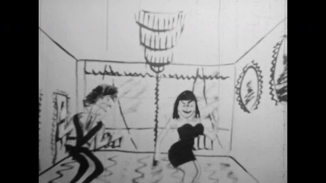 Black white film, Funny dancing animation drawing. Clip intro. Animated art background. Cheerful couple dancing stop motion cartoon. Characters have fun, dance at party. Vintage archive. Retro 1960s