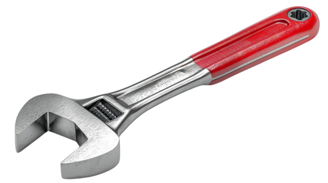a pipe wrench, tool element, photorealistic, red and silver, isolated on white background, field of dept deep odject, all cover focus text, for spacecopy