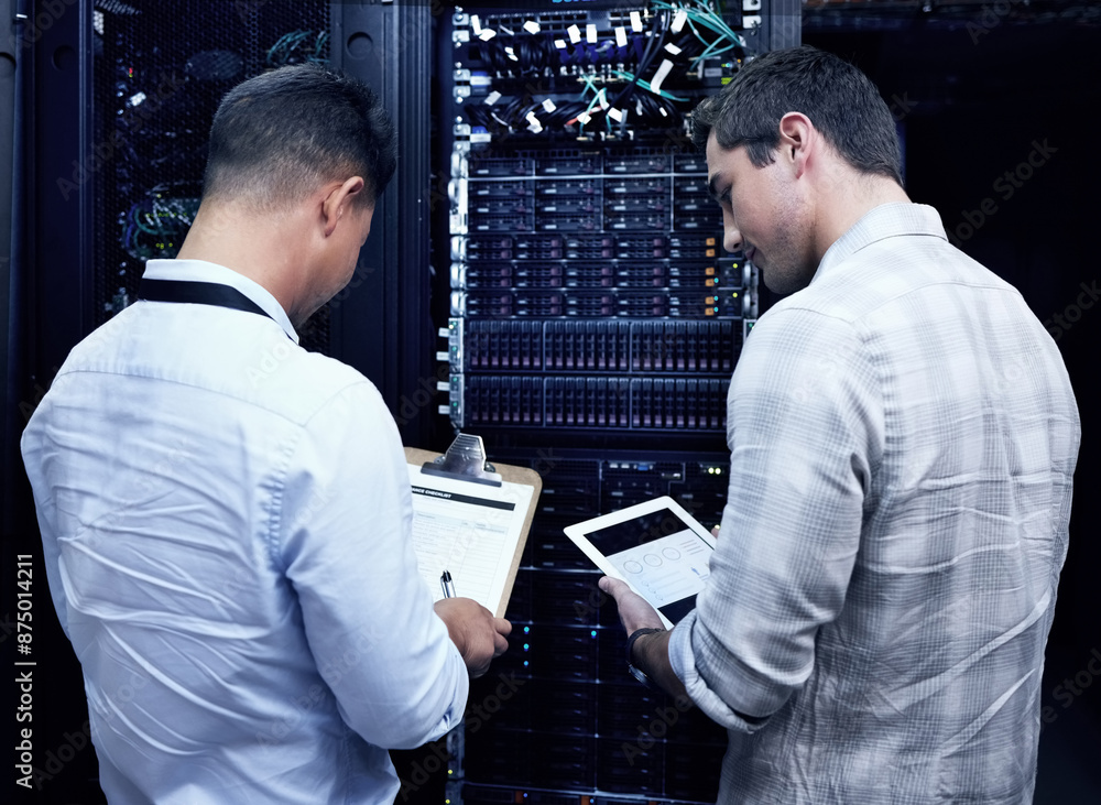 Poster Back, data center and people with tablet, computer engineer and checklist for collaboration or teamwork. Technician, analysis and hardware in server room for system update, maintenance or it security