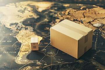 Product delivery that uses technology to help Increase speed and reduce costs to be more efficient, box package on world map