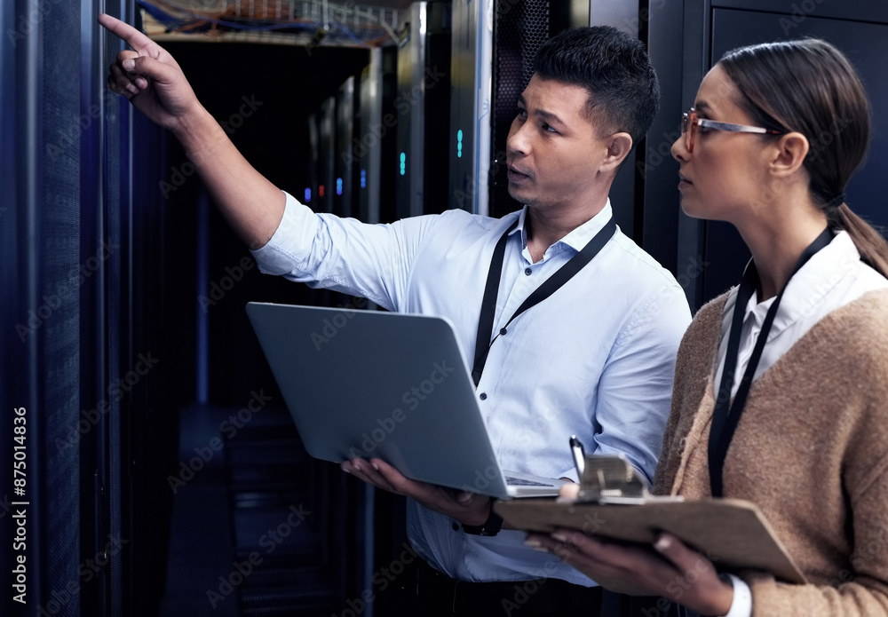Poster data center, people and laptop with checklist, collaboration and safety as computer engineer. team, 
