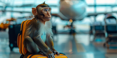 Chimpanzee sitting on luggage at an airport, representing the illegal transportation of exotic animals. Concept: Wildlife trafficking. Location: Airport. Suitable for businesses in wildlife conservati