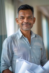 Obraz premium Confident Indian man in a light blue shirt holding blueprints