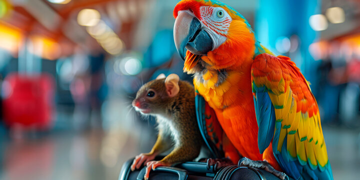 Parrot and a small rodent at an airport. Concept of illegal animal trafficking and transportation of rare species. Highlights border control, animal transport regulations, and wildlife protection issu