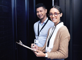 Data center, portrait and technicians with clipboard in server room for collaboration, maintenance or software update. Cyber, checklist and people for inspection, configuration or system report