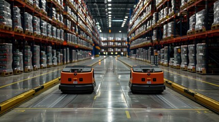 Obraz premium A modern distribution center with automated guided vehicles (AGVs) transporting goods throughout the facility. The logistics technology streamlines operations and reduces manual labor.