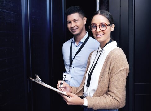Data center, portrait and technicians with clipboard in server room for collaboration, maintenance or software update. Cyber, checklist and people for inspection, configuration or system report