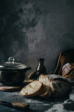 Artisan bread slices and pot in rustic kitchen setting. Generative AI image