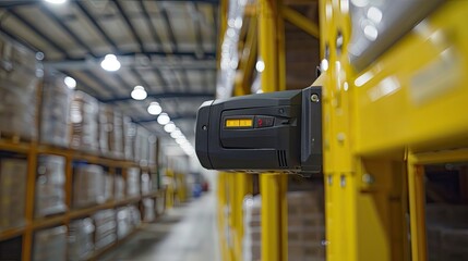 A close-up of a barcode scanner being used to track inventory in a warehouse. The logistics technology improves accuracy and reduces the risk of stockouts.