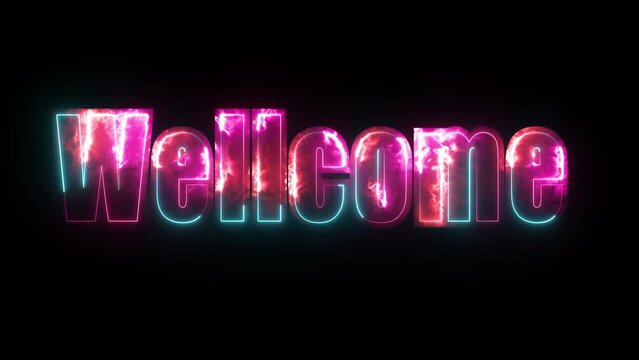 Glowing neon sign welcome on black background. Welcome neon light calligraphic banner.