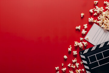 Popcorn and movie clapper on a vibrant red background. Generative AI image