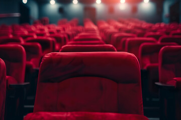 Rows of empty red cinema seats with atmospheric lighting. Generative AI image