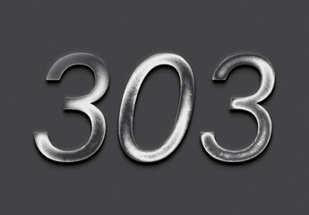 Chrome metal 3D number design of 303 on grey background.