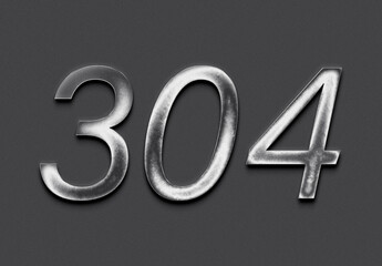 Chrome metal 3D number design of 304 on grey background.