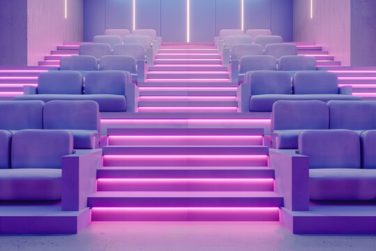 Modern cinema hall illuminated with purple neon lights. Generative AI image