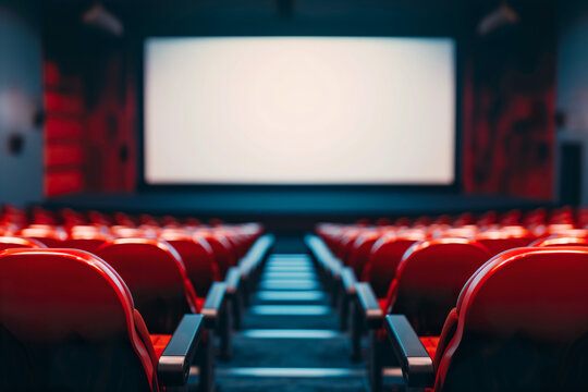 Empty cinema hall with red seats and vibrant ambiance. Generative AI image