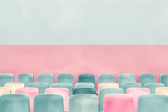 Fototapeta Vintage cinema seats in pastel pink and green. Generative AI image