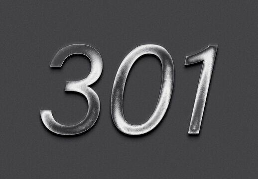 Chrome metal 3D number design of 301 on grey background.