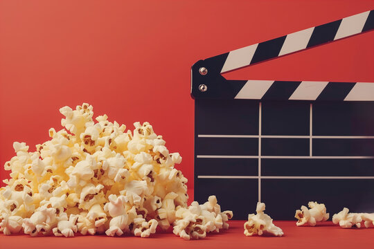 Movie night essentials with popcorn and clapperboard on red backdrop. Generative AI image