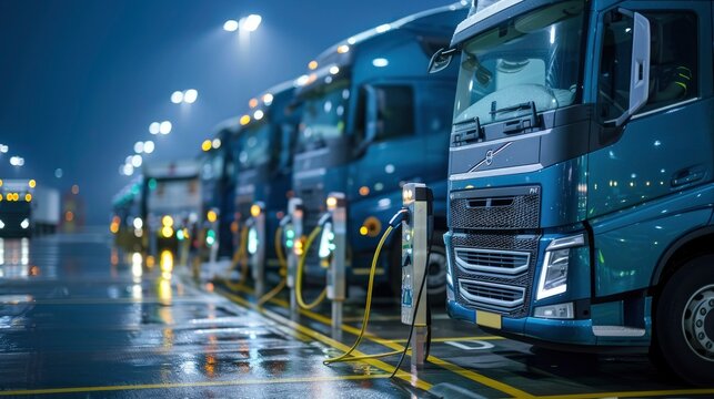 A fleet of electric trucks being charged at a logistics hub. The sustainable technology reduces emissions and operational costs.