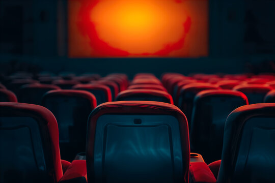 Empty cinema seats with dramatic lighting on screen. Generative AI image