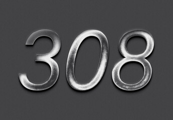 Chrome metal 3D number design of 308 on grey background.