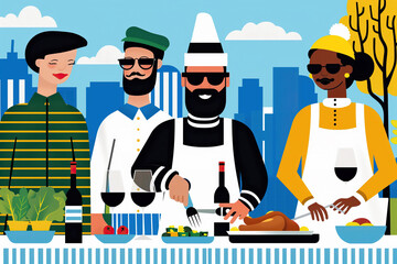 Urban multiethnic Friends Enjoying A Rooftop Feast. Generative AI