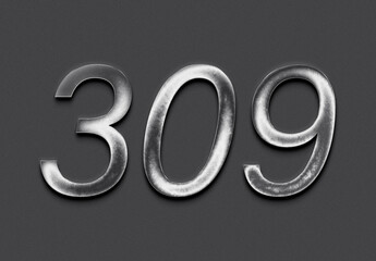 Chrome metal 3D number design of 309 on grey background.