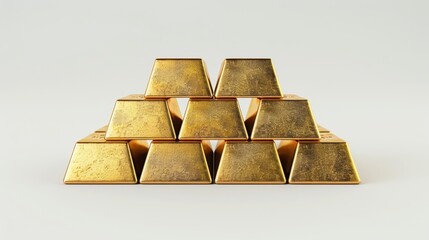 Realistic gold bars stacked in a pyramid shape, white background, high resolution, illustration background