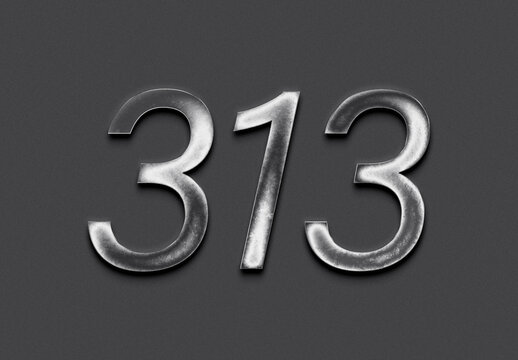 Chrome metal 3D number design of 313 on grey background.