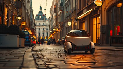 An autonomous delivery robot navigating through a busy city street. The innovative logistics technology increases efficiency and customer satisfaction.
