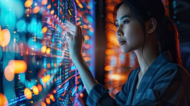 A logistics manager using a cloud-based platform to coordinate global supply chain operations. The technology enhances efficiency and reduces costs.