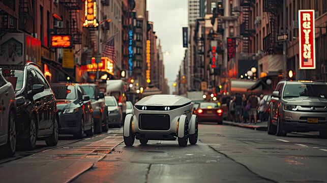 An autonomous delivery robot navigating through a busy city street. The innovative logistics technology increases efficiency and customer satisfaction.