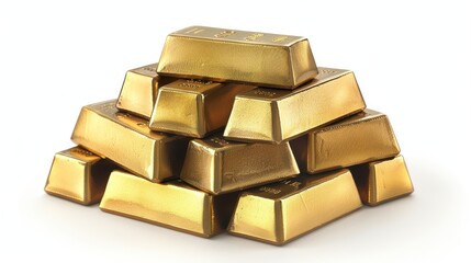 Realistic gold bars stacked in a pyramid shape, white background, high resolution, illustration background