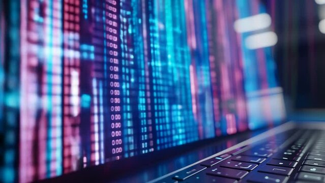 3d animation of a laptop with a screen full of digital data and codes