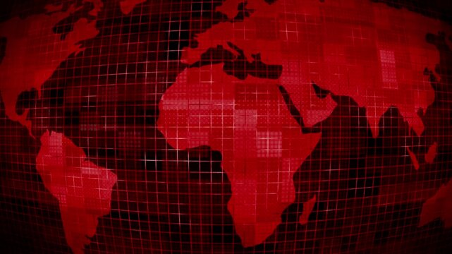 Red color futuristic world map geographical background, hi-tech map of planet earth on black background