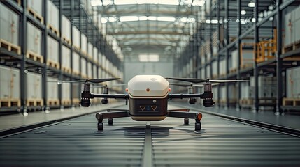 An electric delivery drone preparing for takeoff at a logistics center. The technology enables rapid and cost-effective last-mile delivery solutions.