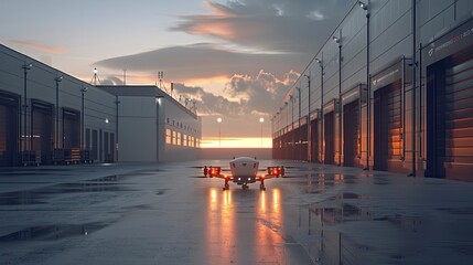 An electric delivery drone preparing for takeoff at a logistics center. The technology enables rapid and cost-effective last-mile delivery solutions.