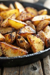 Closeup of seasoned and roasted potato wedges in a pan on a wooden table. Food photography, recipes, culinary art, comfort food, cooking at home content.