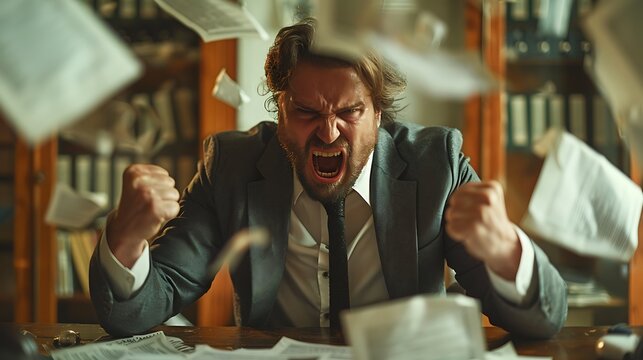 A businessman in a suit, red-faced with anger, shouting in frustration during a tense meeting - Powered by Adobe
