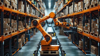 An automated warehouse system with robotic arms sorting and packing orders. The logistics technology increases productivity and accuracy.