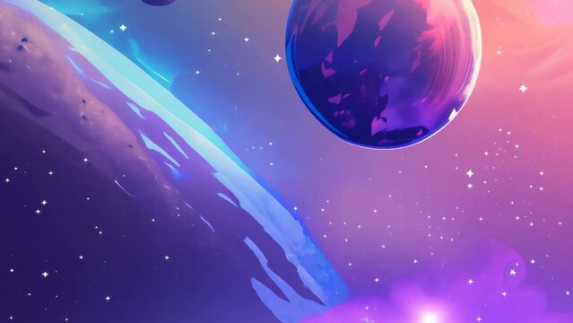 Colorful abstract illustration of planets in a vibrant outer space scene