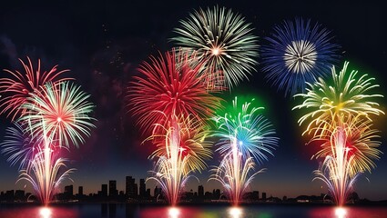 fireworks exploding in the night sky. The scene should capture a variety of colorful fireworks, including bursts of red, green, blue, and yellow, illuminating the darkness